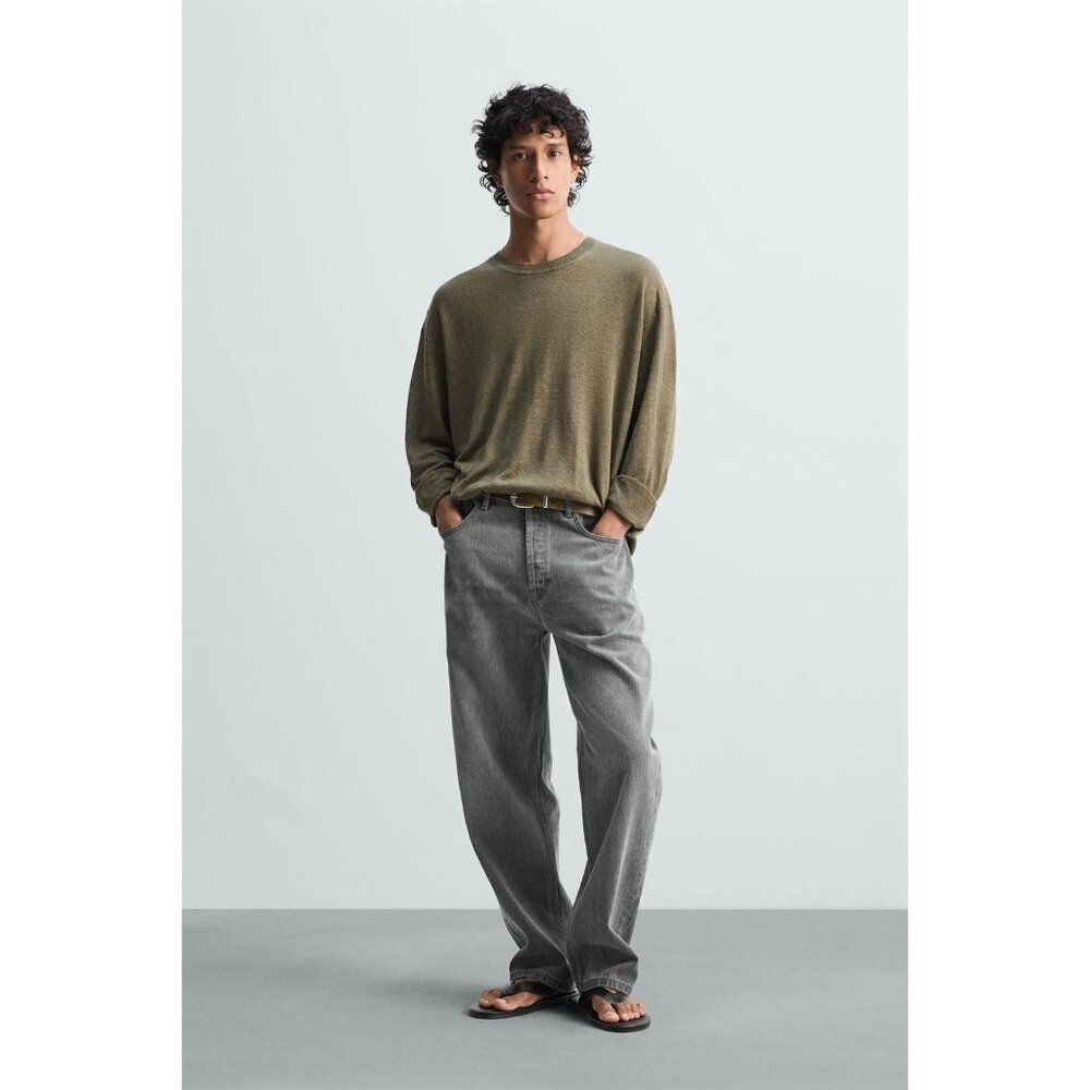 Zara Origins Men Sweater Small Brown Green Linen Crewneck Pullover 9598/457 NWOT